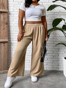 Flirla Plus Flap Detail Side Cargo Trousers - Khaki - View 1