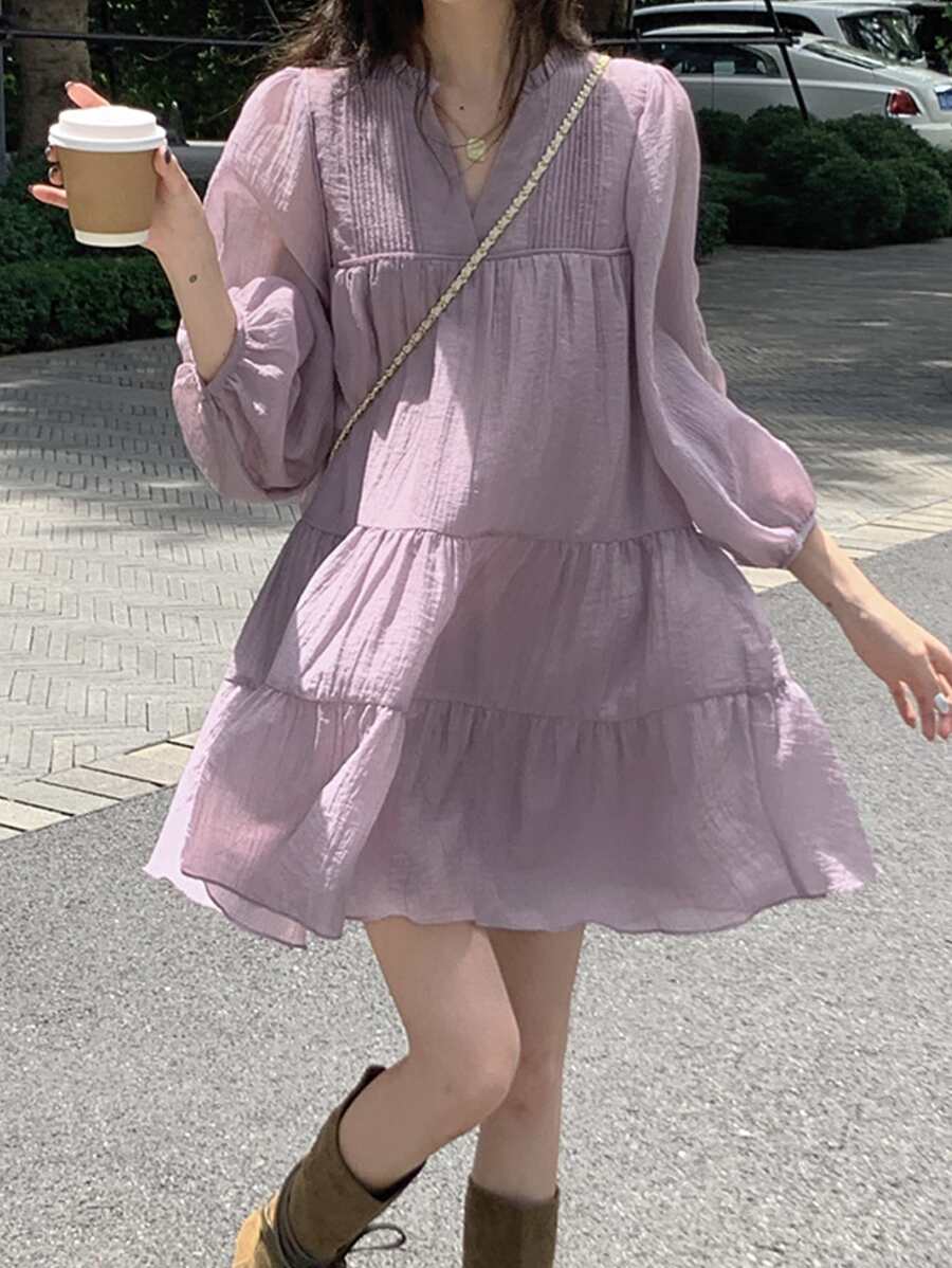 Fashionable Ruched V-Neck Long Sleeve Mini Dress For Gyaru Style Casual - Mauve Purple - View 1