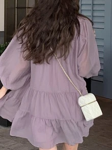 Fashionable Ruched V-Neck Long Sleeve Mini Dress For Gyaru Style Casual - Mauve Purple - View 2