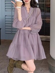 Fashionable Ruched V-Neck Long Sleeve Mini Dress For Gyaru Style Casual - Mauve Purple - View 3