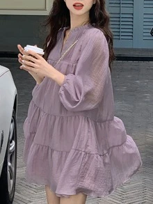 Fashionable Ruched V-Neck Long Sleeve Mini Dress For Gyaru Style Casual - Mauve Purple - View 4