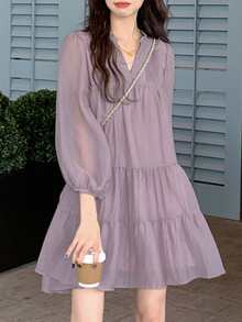 Fashionable Ruched V-Neck Long Sleeve Mini Dress For Gyaru Style Casual - Mauve Purple - View 5