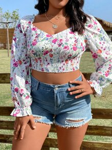 SHEIN Holidaya Crop Bluse mit Blume Muster, Volant Ärmeln