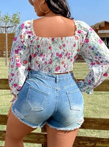 SHEIN Holidaya Crop Bluse mit Blume Muster, Volant Ärmeln