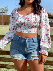 SHEIN Holidaya Crop Bluse mit Blume Muster, Volant Ärmeln