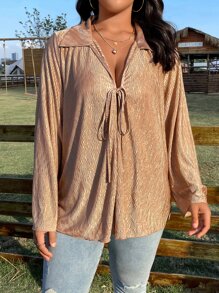 SHEIN LUNE Áo sơ mi Plus Size Thắt nơ trước màu trơn Giải trí - Màu be - Xem 2