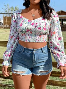 SHEIN Holidaya Crop Bluse mit Blume Muster, Volant Ärmeln