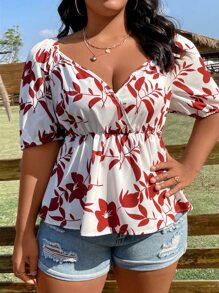 SHEIN LUNE 大碼印花泡泡袖荷葉邊下擺襯衫 - 紅白色 - 查看 1