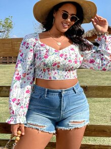 SHEIN Holidaya Crop Bluse mit Blume Muster, Volant Ärmeln