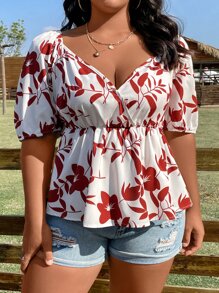 SHEIN LUNE 大碼印花泡泡袖荷葉邊下擺襯衫 - 紅白色 - 查看 5