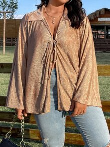 SHEIN LUNE Áo sơ mi Plus Size Thắt nơ trước màu trơn Giải trí - Màu be - Xem 4