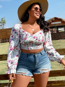 SHEIN Holidaya Crop Bluse mit Blume Muster, Volant Ärmeln