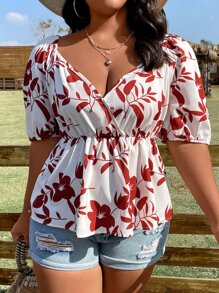 SHEIN LUNE 大碼印花泡泡袖荷葉邊下擺襯衫 - 紅白色 - 查看 6