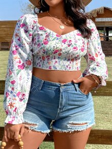 SHEIN Holidaya Crop Bluse mit Blume Muster, Volant Ärmeln