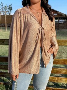 SHEIN LUNE Áo sơ mi Plus Size Thắt nơ trước màu trơn Giải trí - Màu be - Xem 5