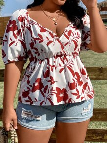 SHEIN LUNE 大碼印花泡泡袖荷葉邊下擺襯衫 - 紅白色 - 查看 7