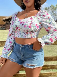 SHEIN Holidaya Crop Bluse mit Blume Muster, Volant Ärmeln