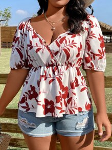 SHEIN LUNE 大碼印花泡泡袖荷葉邊下擺襯衫 - 紅白色 - 查看 8