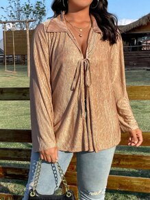 SHEIN LUNE Áo sơ mi Plus Size Thắt nơ trước màu trơn Giải trí - Màu be - Xem 6