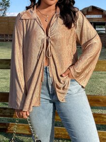 SHEIN LUNE Áo sơ mi Plus Size Thắt nơ trước màu trơn Giải trí - Màu be - Xem 1