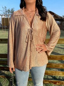 SHEIN LUNE Áo sơ mi Plus Size Thắt nơ trước màu trơn Giải trí - Màu be - Xem 7