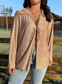 SHEIN LUNE Áo sơ mi Plus Size Thắt nơ trước màu trơn Giải trí - Màu be - Xem 8