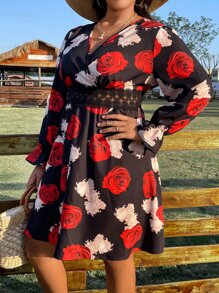 SHEIN Holidaya Plus Floral Print Guipure Lace Insert Flounce Sleeve Dress - Black - View 6