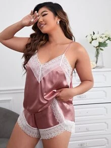 Conjunto de pijama con encaje en contraste de satén