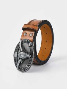 Men Cattle Head Decor Oval Buckle Belt - Orange - View 3
