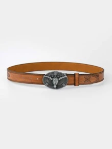 Men Cattle Head Decor Oval Buckle Belt - Orange - View 2