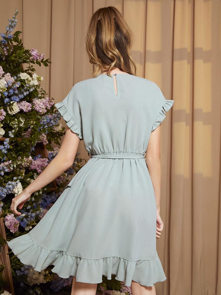 SHEIN Chicas adolescentes Vestido de manga murciélago con cinturón bajo con fruncido - verde menta - Añade 2