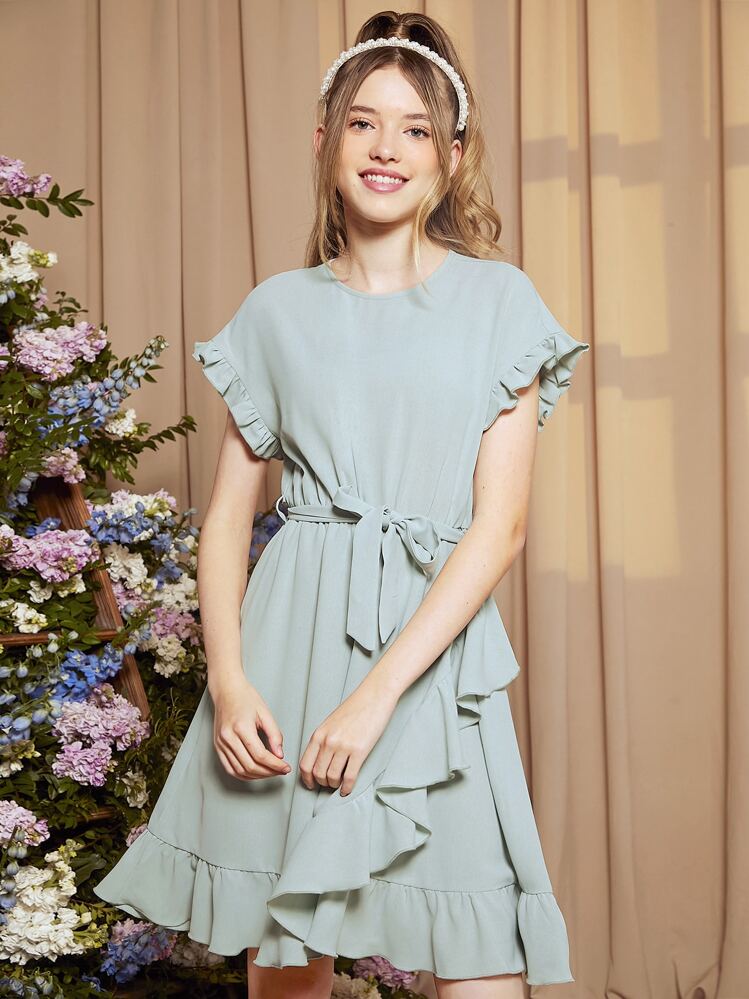 SHEIN Chicas adolescentes Vestido de manga murciélago con cinturón bajo con fruncido - verde menta - Añade 4