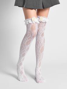 2pairs Bow & Flower Decor Over The Knee Socks - Black and White - View 2