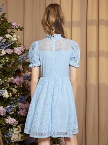 SHEIN 青少年女孩小高領泡泡袖蕾絲洋裝 - 淺藍色 - 查看 2