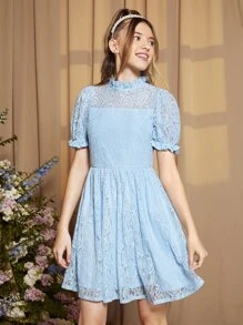 SHEIN 青少年女孩小高領泡泡袖蕾絲洋裝 - 淺藍色 - 查看 3