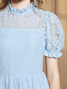 SHEIN 青少年女孩小高領泡泡袖蕾絲洋裝 - 淺藍色 - 查看 6