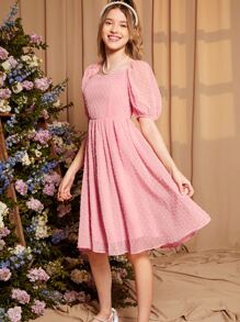 SHEIN Đầm Gái Buộc lại Dải chun màu trơn Boho - Bụi hồng - Xem 4
