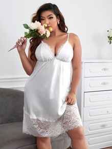 Plus Contrast Lace Satin Cami Nightdress - White - View 3