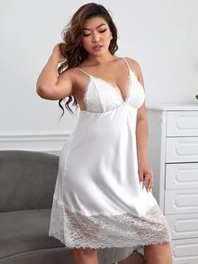 Plus Contrast Lace Satin Cami Nightdress - White - View 4