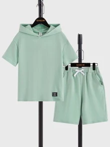 SHEIN Boys Letter Patched Hooded Tee & Drawstring Waist Shorts - Mint Green - View 1