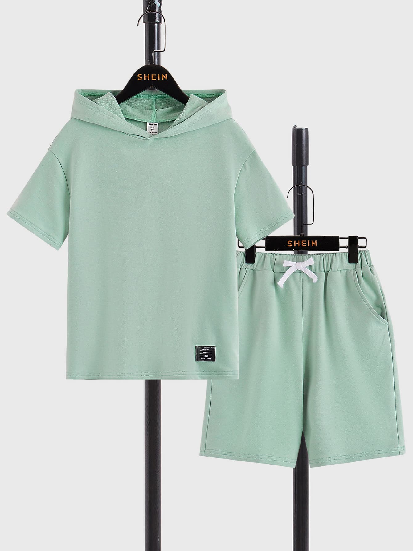 SHEIN Boys Letter Patched Hooded Tee & Drawstring Waist Shorts - Mint Green - View 1