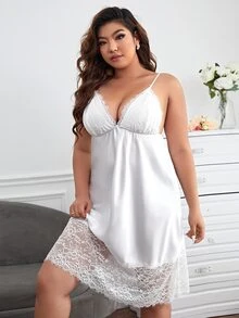 Plus Contrast Lace Satin Cami Nightdress - White - View 5