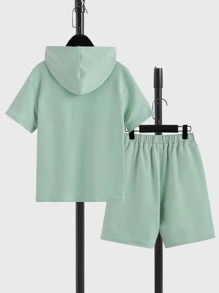 SHEIN Boys Letter Patched Hooded Tee & Drawstring Waist Shorts - Mint Green - View 2
