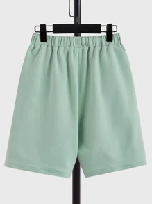 SHEIN Boys Letter Patched Hooded Tee & Drawstring Waist Shorts - Mint Green - View 4