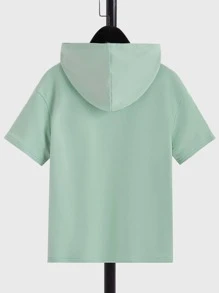 SHEIN Boys Letter Patched Hooded Tee & Drawstring Waist Shorts - Mint Green - View 6
