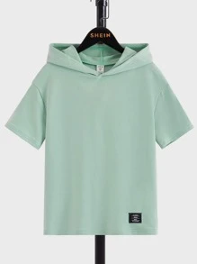 SHEIN Boys Letter Patched Hooded Tee & Drawstring Waist Shorts - Mint Green - View 8