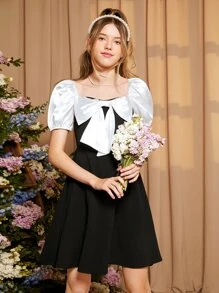 SHEIN Teen Girls Bow Front Puff Sleeve Dress - Black - View 2