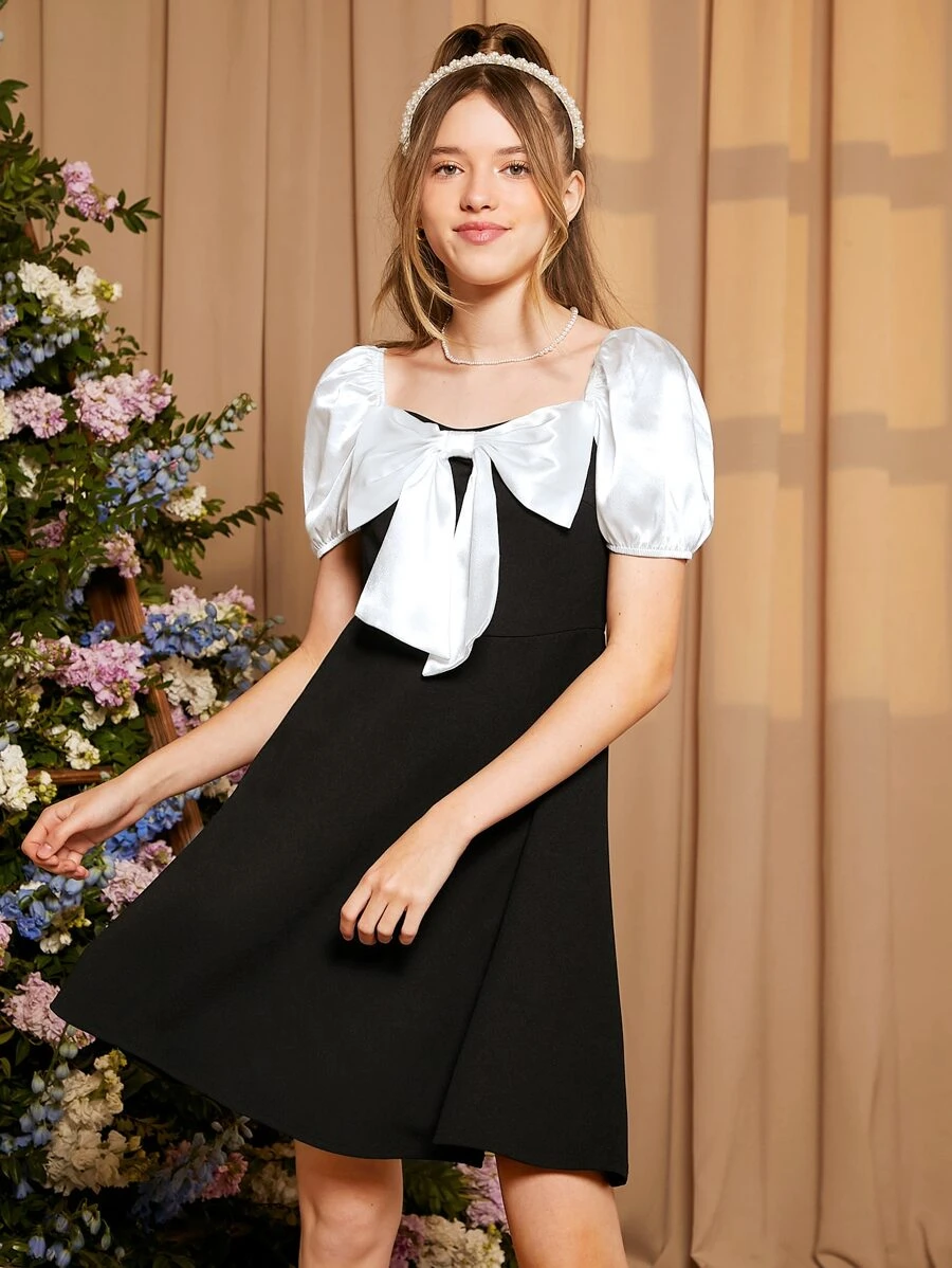 SHEIN Teen Girls Bow Front Puff Sleeve Dress - Black - View 1