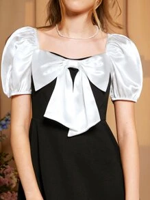 SHEIN Teen Girls Bow Front Puff Sleeve Dress - Black - View 6