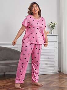 Plus Heart Print PJ Set / Pajama Set - Pink - View 3